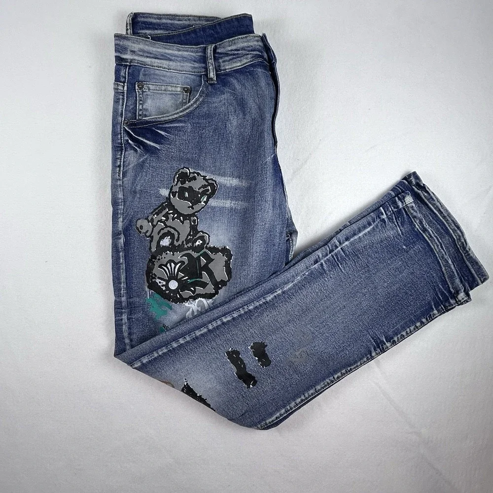 Men's Baggy Graphic Jeans 36 Teddy Bear Graffiti‎ Y2K Streetwear Wide Leg Skater